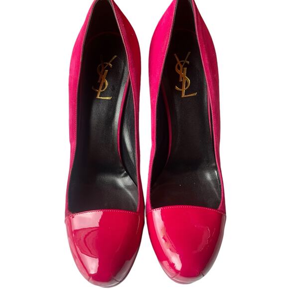 SAINT LAURENT Suede Patent Goatskin Tribute Two 80 Platform Pumps 39.5 Fuchsia - Picture 1 of 9